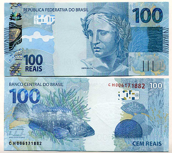 Бразилия 100 реалов 2010 голова Республики, групер Pick 257 b бумага UNC (пресс) 451-279-2