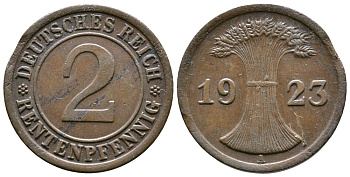 Германия 2 рентенпфеннига 1923 A KM 31, J. 307 бронза 4681-125