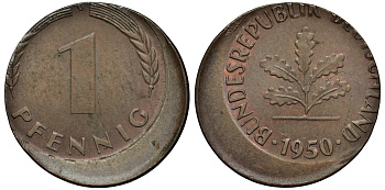 ФРГ 1 ПФЕННИГ 1950 БРАК ЧЕКАНКИ СДВИГ ШТЕМПЕЛЯ KM 105, J.380 сталь плакированная медью 413-5145