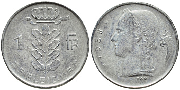БЕЛЬГИЯ 1 ФРАНК 1959 BELGIQUE KM 142.1 медно-никель 4388-436