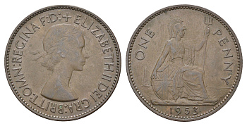 Великобритания 1 пенни 1953 Елизавета II (1952-2022) KM 883, Spink 4154 бронза 4044-443