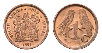 ЮАР 1 цент 1991 герб, капские воробьи KM 132 сталь плакированная медью UNC 4690-1265