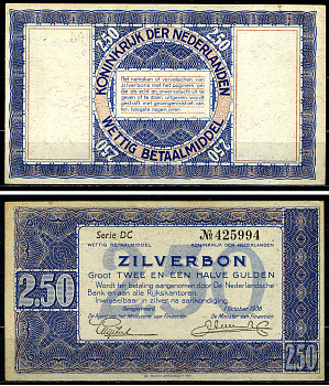 Нидерланды 2 1/2 гульдена 1938 серебряный ваучер, 2 буквы 6 цифр Pick 62, Akkermans 11.1 b бумага aUNC 451-594-3