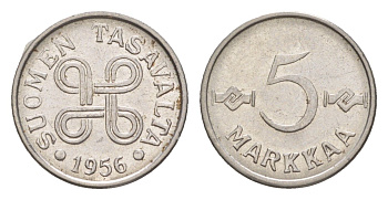 Финляндия 5 марок 1956 KM 37a никелированное железо UNC 4647-1245