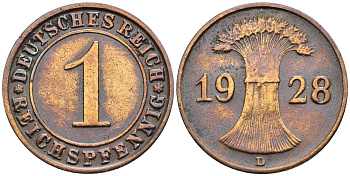 ГЕРМАНИЯ 1 РЕЙХСПФЕННИГ 1928 D KM 37, J. 313, Weege 2 бронза 4547-128