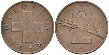 Швейцария 2 раппена 1958 В KM 47 бронза 4591-1223