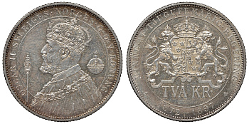 Швеция 2 кроны 1897 ЕВ, Оскар II (1872-1907) король Швеции и Норвегии, 25 лет правления KM 762 серебро 1531-331