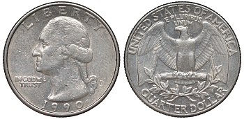 США 25 центов = квотер 1990 D, Вашингтон KM A164a медь плакированная медно-никелем 4543-1153