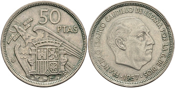 Испания 50 песет 1957 (58) Франсиско Франко (1939-1975) KM 788 медно-никель 81-1231