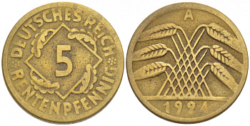 ГЕРМАНИЯ 5 РЕЙХСПФЕННИГОВ 1924 A, KM 39, J. 316 алюминиевая бронза 4396-1625