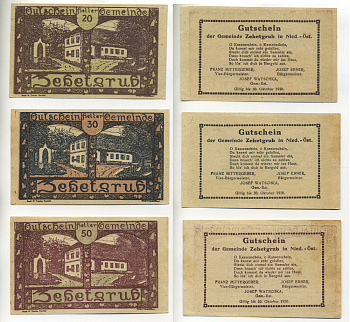 Австрия набор из 3 банкнот 1920 до 30 октября 1920, нотгельд, 20, 30, 50 геллеров, ZEHETGRUB   бумага  XF 7555-7-3-1