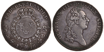 Швеция 2/3 риксдалера 1776 OL, Густав III (1771-1792), редкий год KM 517 (356) серебро 00-816-55