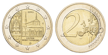Германия 2 евро 2013 G, Баден-Вюртемберг, монастырь Маульбронн, серия Федеральные земли Германии KM 314 биметалл UNC M85-15