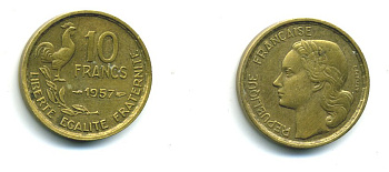 ФРАНЦИЯ 10 ФРАНКОВ 1957 KM 915.1, LE FRANC 363.13 алюминиевая бронза 23-1111