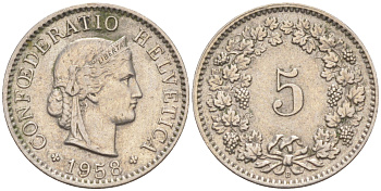 Швейцария 5 раппенов 1958 В KM 26 медно-никель 4547-725