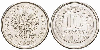 Польша 10 грошей 2000 MW KM 279, Parchimowicz 704g медно-никель 105-728