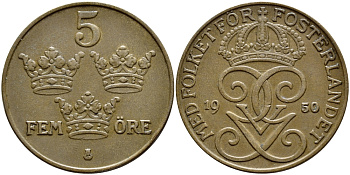 Швеция 5 эре 1950 Густав V (1907-1950) KM 779.2 бронза 4394-942