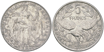 Французская Новая Каледония 5 франков 2014 птица кагу, (IEOM) KM 16, Schoen 12, Lec 81k алюминий 4117-226