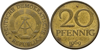 ГДР 20 пфеннигов 1969 A, первый год KM 11 латунь 92-743