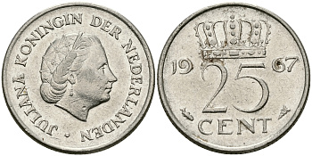 НИДЕРЛАНДЫ 25 ЦЕНТОВ 1967 ЮЛИАНА KM 183 никель 96-166