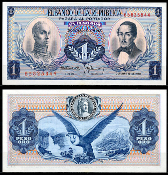 Колумбия 1 песо 1970 Симон Боливар, генерал Франсиско де Паула Сантандер, 12 октября 1970 Pick 404e  бумага  UNC (пресс) 447-70-6-3