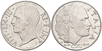 ИТАЛИЯ 20 ЧЕНТЕЗИМО 1941 R, ГОД XIX, ВИКТОР ЭММАНУИЛ III (1900-1946) KM 75b, VEM3. 1028 нержавеющая сталь 3853-1141