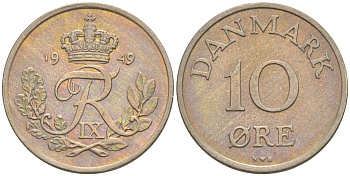 Дания 10 эре 1949 N, Фредерик IX (1947-1972) KM 841 медно-никель     UNC 187-628