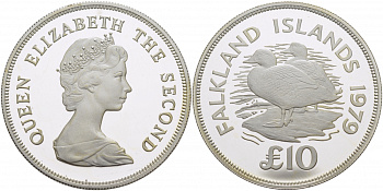 Фолклендские острова 10 фунтов 1979 серия сохраним наш мир, утка - пароход, тираж 3247 экземпляров KM 12 серебро PROOF 11-315-34