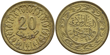 Тунис 20 миллимов 1983 АН1403, республика KM 307 латунь 4397-256