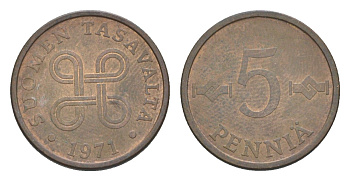 Финляндия 5 пенни 1971 KM 45 бронза 4643-351