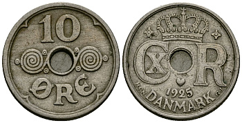 Дания 10 эре 1925 Кристиан X (1912 - 1947) KM 822 медно-никель 4582-1137