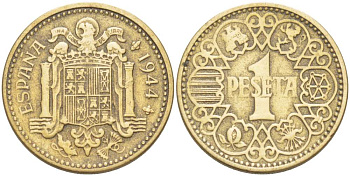 ИСПАНИЯ 1 ПЕСЕТА 1944 НАЦИОНАЛЬНОЕ ПРАВИТЕЛЬСТВО (1939-1947) KM 767 алюминиевая бронза 4519-912