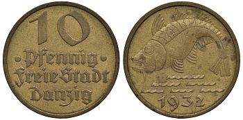 Данциг 10 пфеннигов 1932 рыба KM 142, J. D.13 алюминиевая бронза 186-932