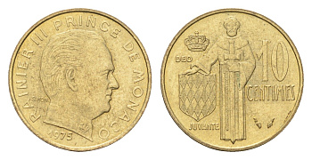 Монако 10 сантимов 1975 Ренье III (1949-2005) KM 142 медь алюминий никель 4659-923