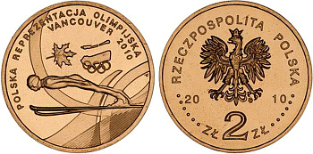Польша 2 злотых 2010 MW, XXI Зимние Олимпийские игры в Ванкувере 2010 года, польская сборная KM 715 нордик UNC 4676-642