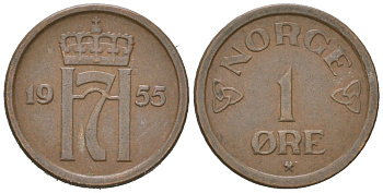 Норвегия 1 эре 1955 Хокон VII (1905-1957) KM 398 бронза 3309-1234