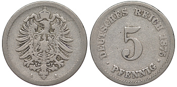 ГЕРМАНИЯ 5 ПФЕННИГОВ 1875 A, СТАРОГЕРБОВКА KM 3, J.3 медно-никель 45-467