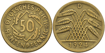 Германия 50 рентенпфеннигов 1924 D KM 34, J. 310 алюминиевая бронза 28-443