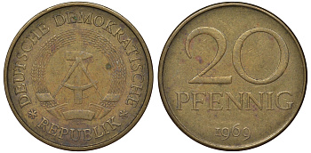 ГДР 20 пфеннигов 1969 А, первый год KM 11 латунь 62-1021