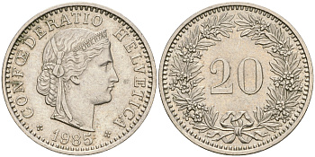 Швейцария 20 раппенов 1985 KM 29а медно-никель 4364-3244
