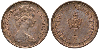 Великобритания 1/2 пенни 1979 Елизавета II (1952-2022) KM 914, Spink 4239 бронза aUNC 4124-637