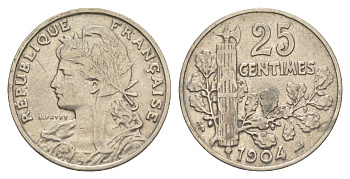 Франция 25 сантимов 1904 KM 856 никель 4161-1016
