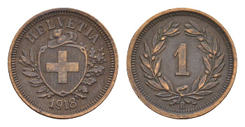 Швейцария 1 раппен 1918 B KM 3 бронза 4655-249