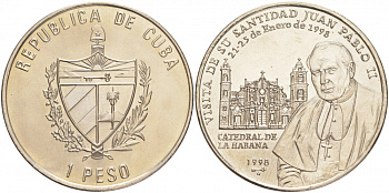 Куба 1 песо 1998 визит Иоанна Павла II  KM 732 медно-никель UNC M28-15