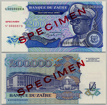 Заир 200000 заиров 1992 Мобуту Сесе Секо в военной форме, Национальное собрание. Образец, Specimen Pick 42s бумага UNC (пресс) 6279-26-2-1