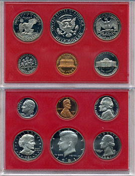 США годовой набор из 6 монет (1, 5, 10, 25 и 50 центов; 1 доллар) 1981 в оригинальной упаковке KM PS146 (164a, A192, 195a, 201, 202b и 207) PROOF 8-2-02-30