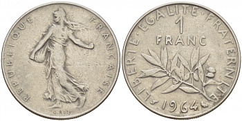 Франция 1 франк 1964 сеятель KM 925.1, Le Franc 226.8 никель 3856-937