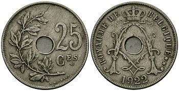 Бельгия 25 сантимов 1922 Belgique KM 68 медно-никель 4165-426