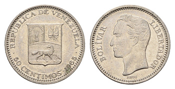 Венесуэла 50 сентимо 1965 Симон Боливар Y 41 никель UNC 4669-334