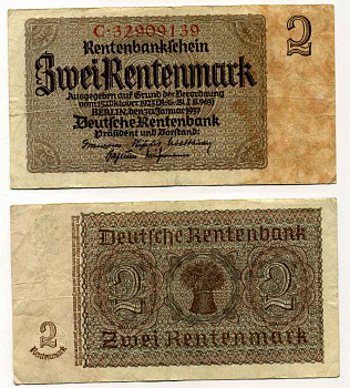 ГЕРМАНИЯ 2 РЕНТЕНМАРКИ 1937 30 ЯНВАРЯ 1937, ВЕЙМАРСКАЯ РЕСПУБЛИКА, ВОСЕМЬ ЦИФР В НОМЕРЕ СЕРИИ, СЕРИЯ C Pick 174b, Rosenberg 167b бумага 8564-47-4-2